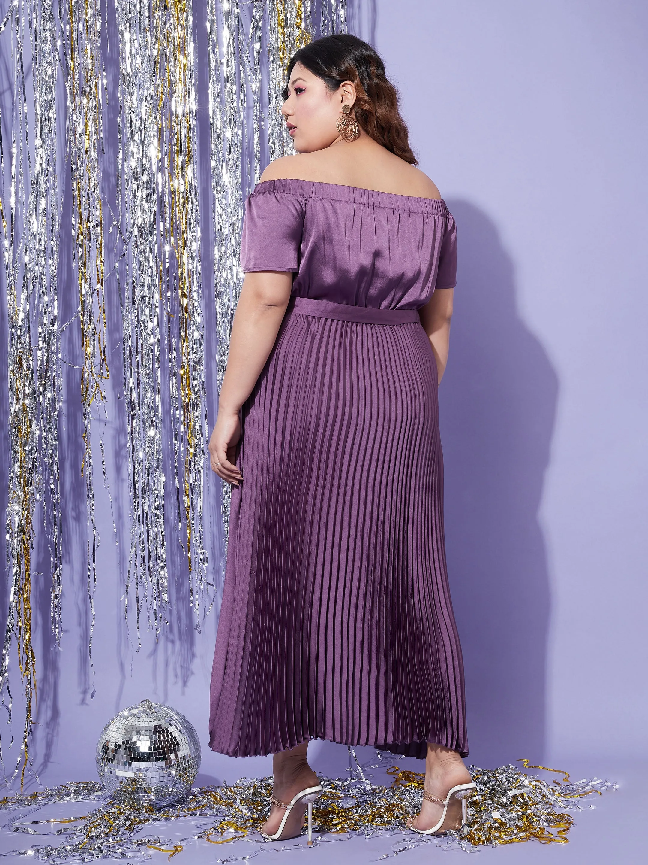 Women Purple Satin Accordion Pleats Bardot High Low Belt Dress