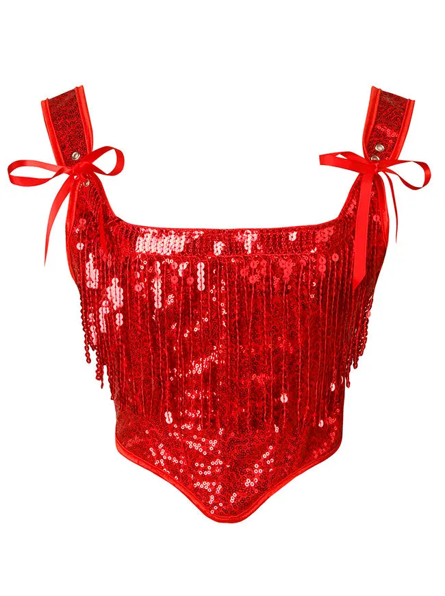 Women's Fringed Sequin Sleeveless Party Sparkling Camisole Cropped Corset Top Red