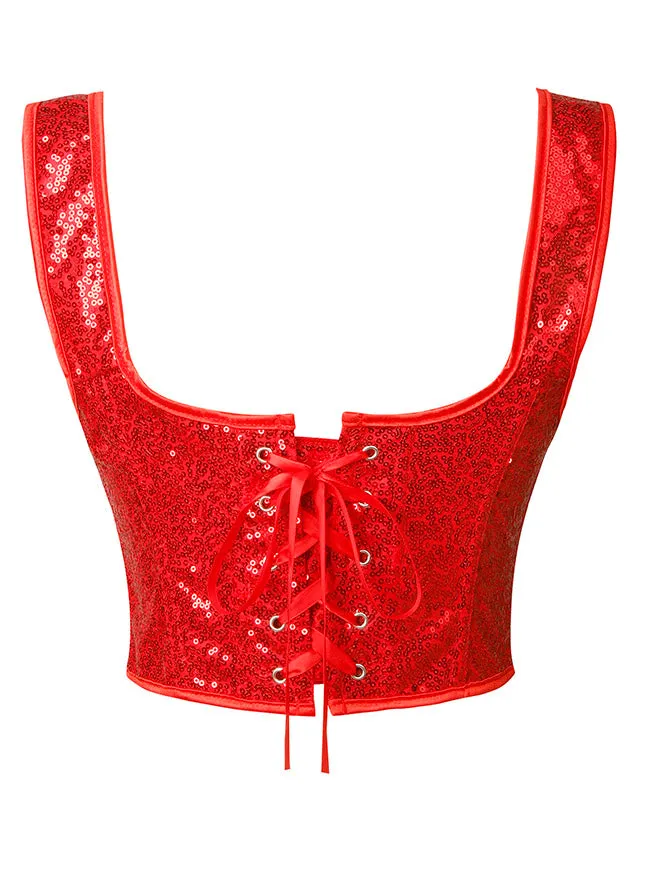 Women's Fringed Sequin Sleeveless Party Sparkling Camisole Cropped Corset Top Red