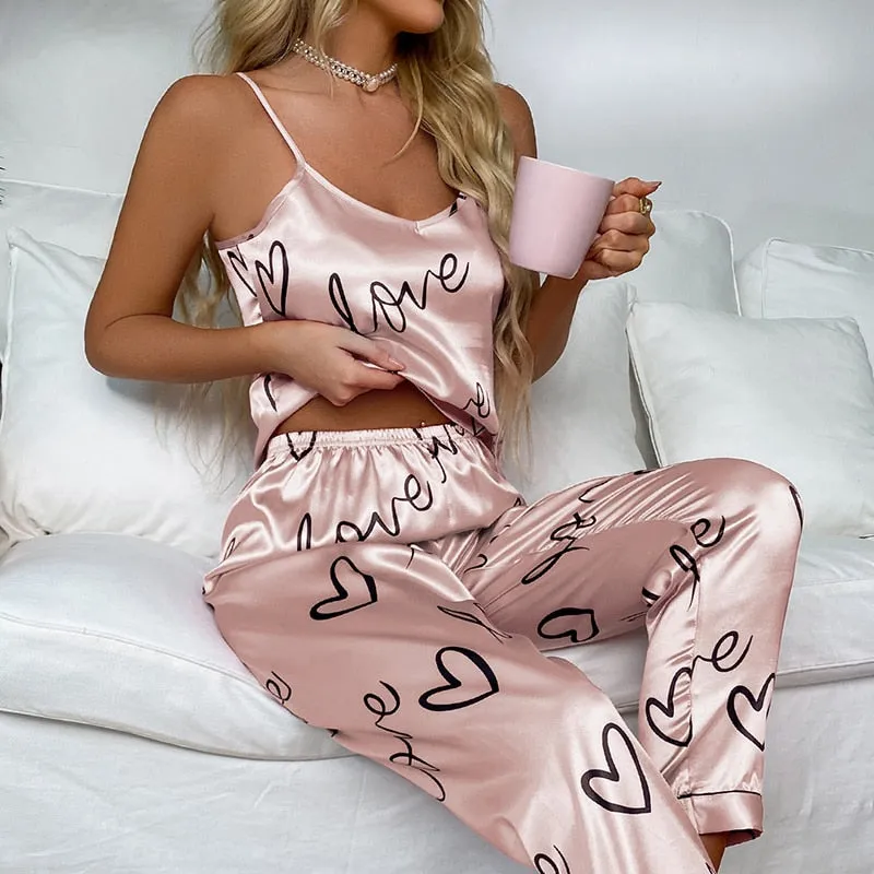 Womens Printed Silk Satin Cami Vest with Trousers Nightwear Pyjama Set