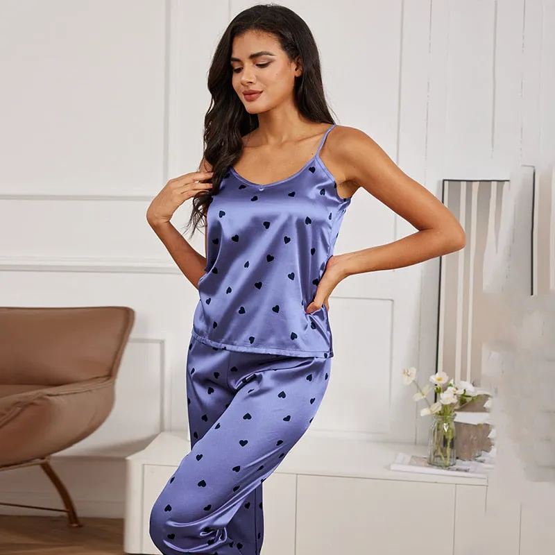 Womens Printed Silk Satin Cami Vest with Trousers Nightwear Pyjama Set