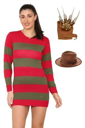 Women's Red and Green Knitted Jumper, Hat & Claw Glove Costume Set - Halloween Fancy Dress, Horror Cosplay Outfit, Striped Sweater with Matching Beanie Hat and Claw Gloves