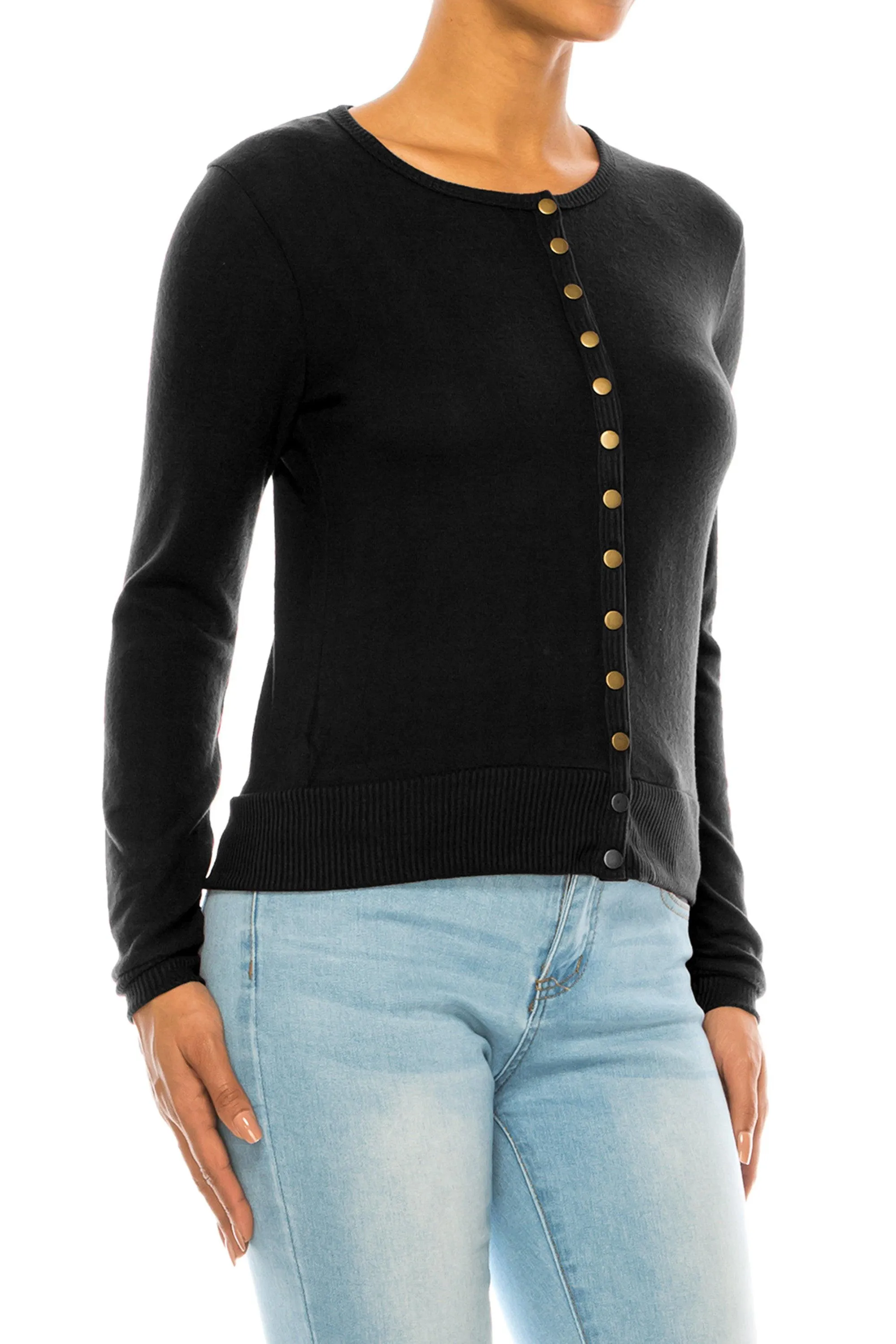 Women's Solid Long Sleeve Crew Neck Snap Button Soft Lightweight Sweater Cardigan