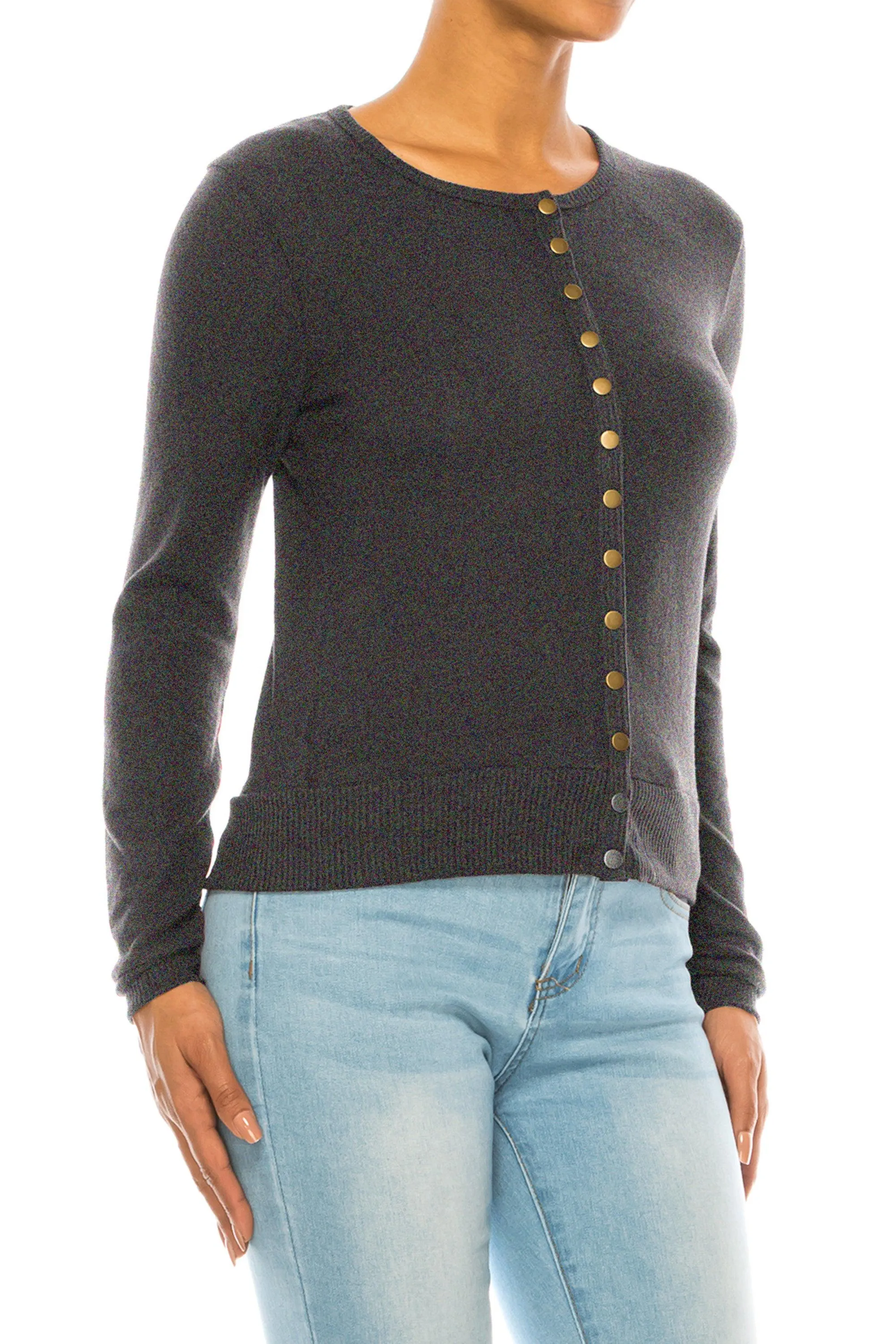 Women's Solid Long Sleeve Crew Neck Snap Button Soft Lightweight Sweater Cardigan