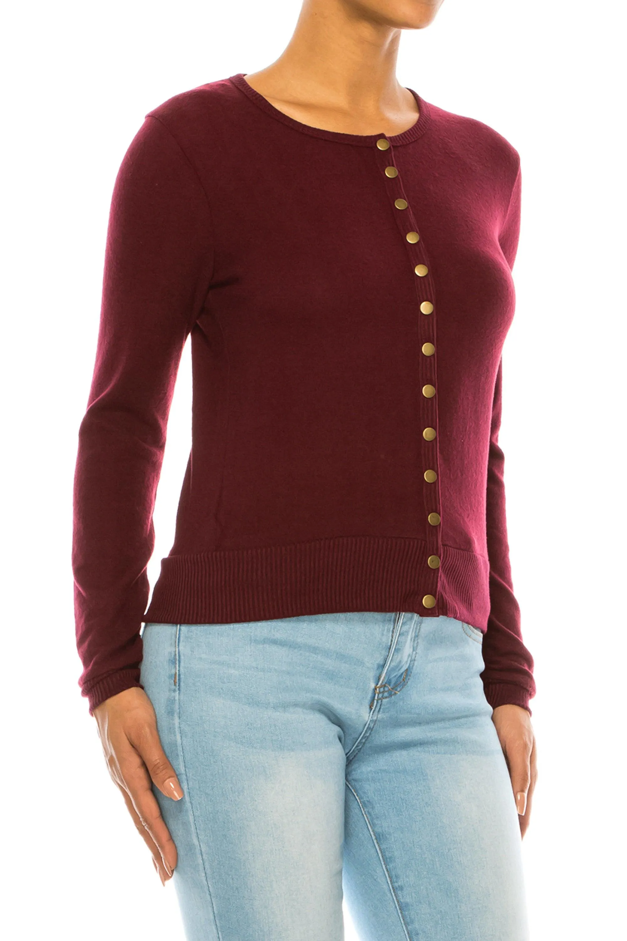 Women's Solid Long Sleeve Crew Neck Snap Button Soft Lightweight Sweater Cardigan