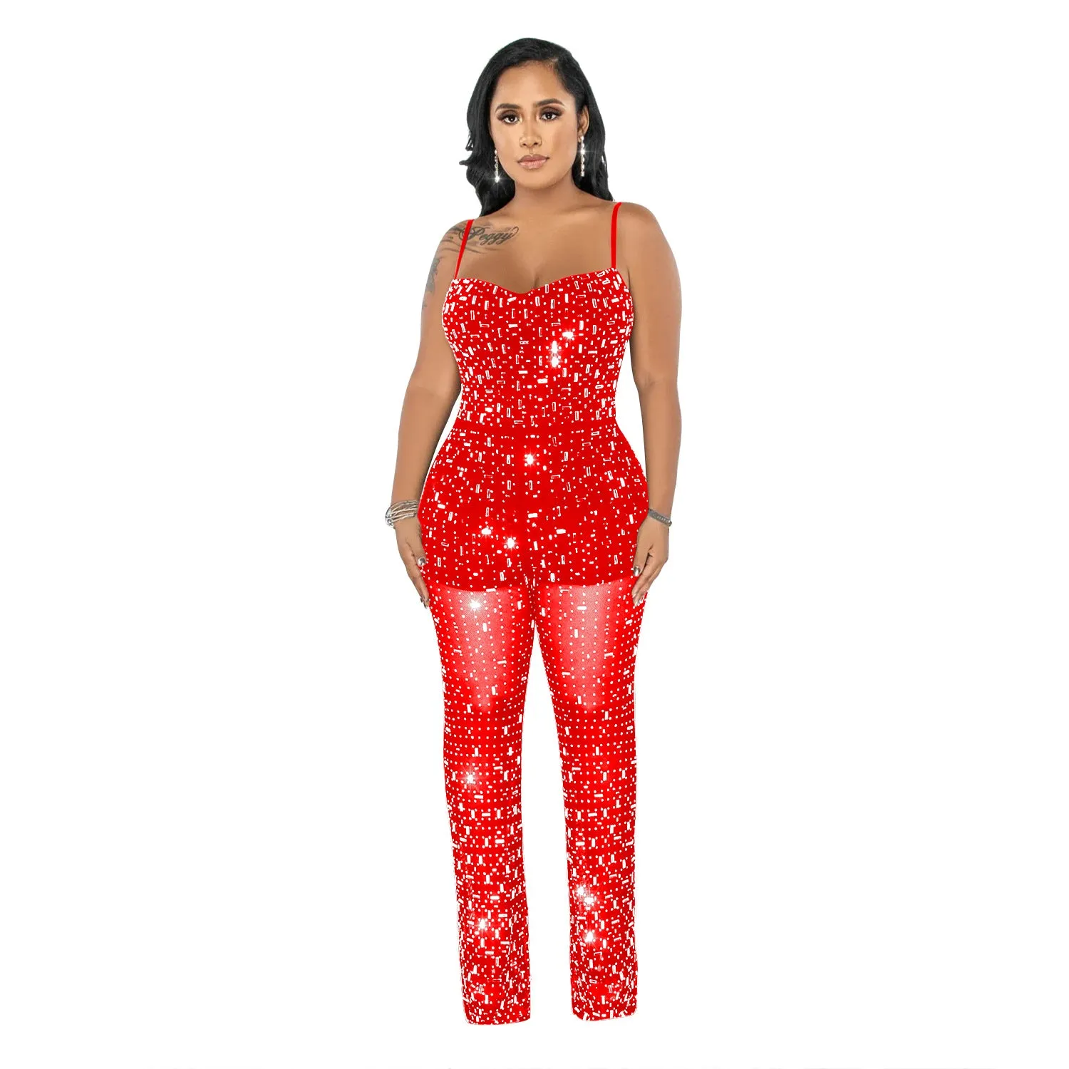 Women's Wear Rhinestone Mesh Camisole Sleeveless Trousers Jumpsuit