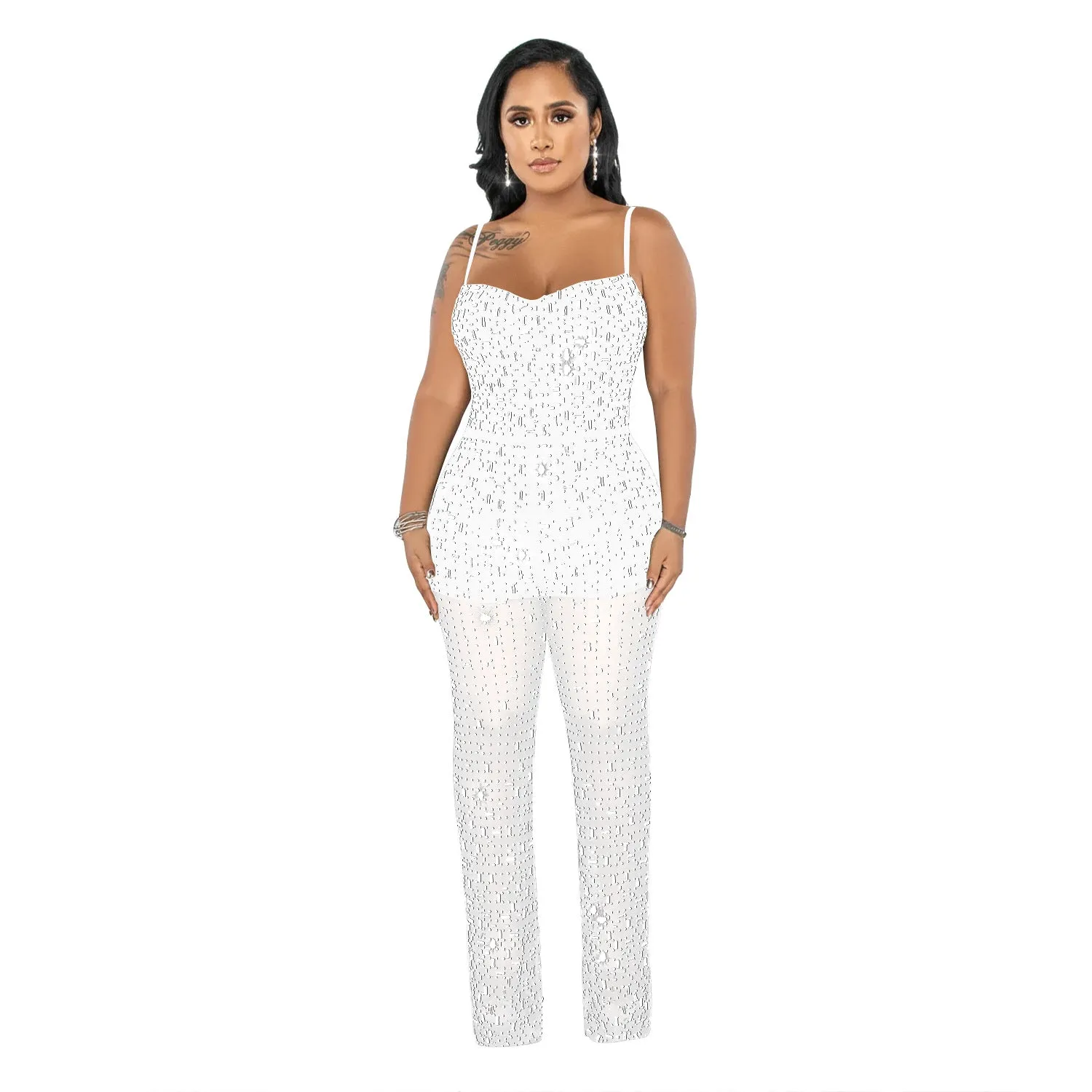 Women's Wear Rhinestone Mesh Camisole Sleeveless Trousers Jumpsuit