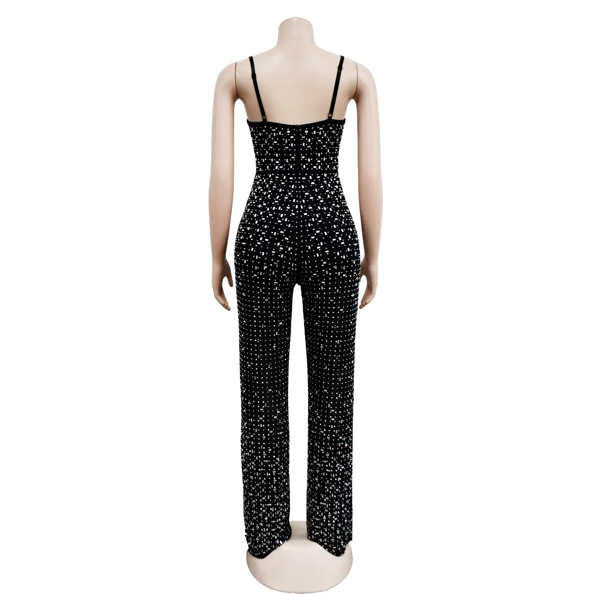 Women's Wear Rhinestone Mesh Camisole Sleeveless Trousers Jumpsuit