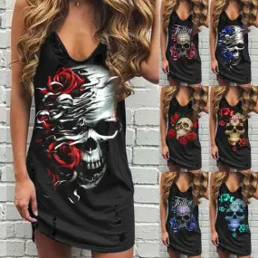 Yeknu Skull Print Women Sleeveless Shirt Dress Summer Gothic Style Ladies Casual V Neck Loose Short Mini Dresses Tank