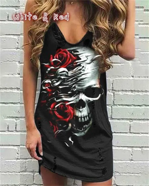 Yeknu Skull Print Women Sleeveless Shirt Dress Summer Gothic Style Ladies Casual V Neck Loose Short Mini Dresses Tank