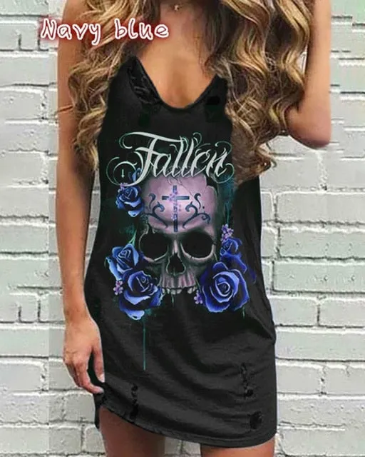 Yeknu Skull Print Women Sleeveless Shirt Dress Summer Gothic Style Ladies Casual V Neck Loose Short Mini Dresses Tank