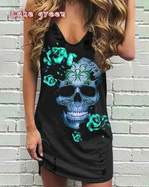 Yeknu Skull Print Women Sleeveless Shirt Dress Summer Gothic Style Ladies Casual V Neck Loose Short Mini Dresses Tank