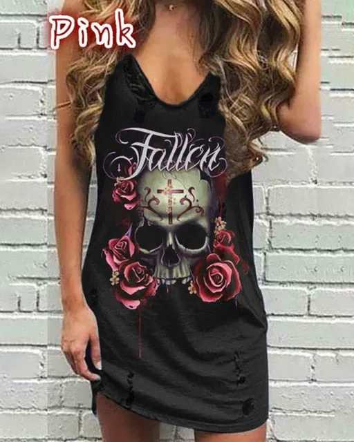 Yeknu Skull Print Women Sleeveless Shirt Dress Summer Gothic Style Ladies Casual V Neck Loose Short Mini Dresses Tank