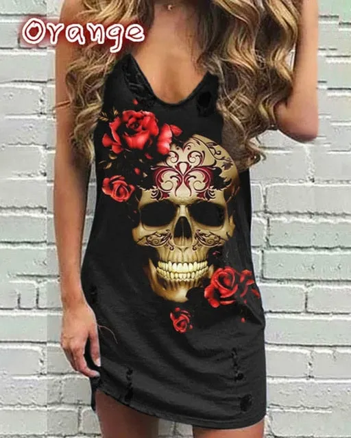 Yeknu Skull Print Women Sleeveless Shirt Dress Summer Gothic Style Ladies Casual V Neck Loose Short Mini Dresses Tank