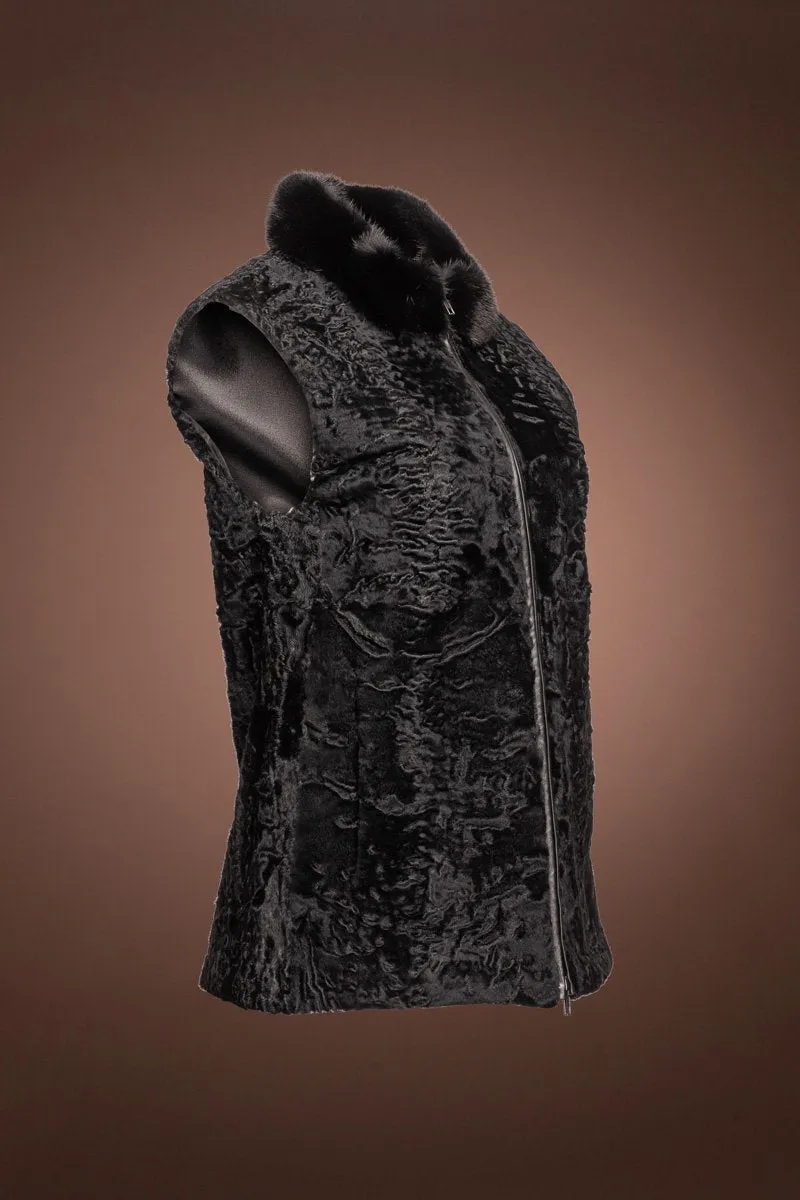 Zip-Up Black Karakul Lamb and Mink Fur Vest