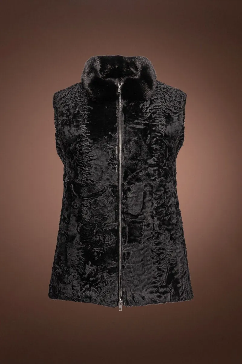 Zip-Up Black Karakul Lamb and Mink Fur Vest